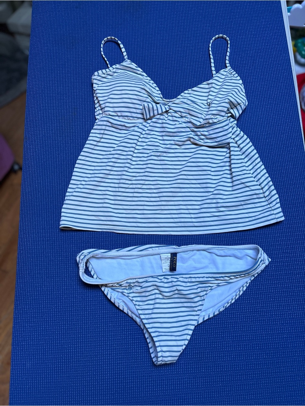 Polo Ralph Lauren Tankini Swimsuit Set Womens L Top M Bottom Blue White Stripe